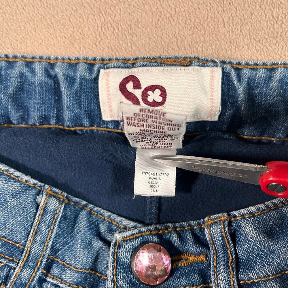 VTG Y2K Micro Mini Denim Skirt Mcbling Baddie Sequins Heart Girls Sz 12 Wmns 0 - Picture 3 of 8